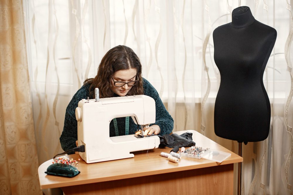 Fabric in a typewriter. Woman deftly works with a sewing machine. Woman with glasses. Fabric in a typewriter. Woman deftly works with a sewing machine. Woman with glasses.<br />